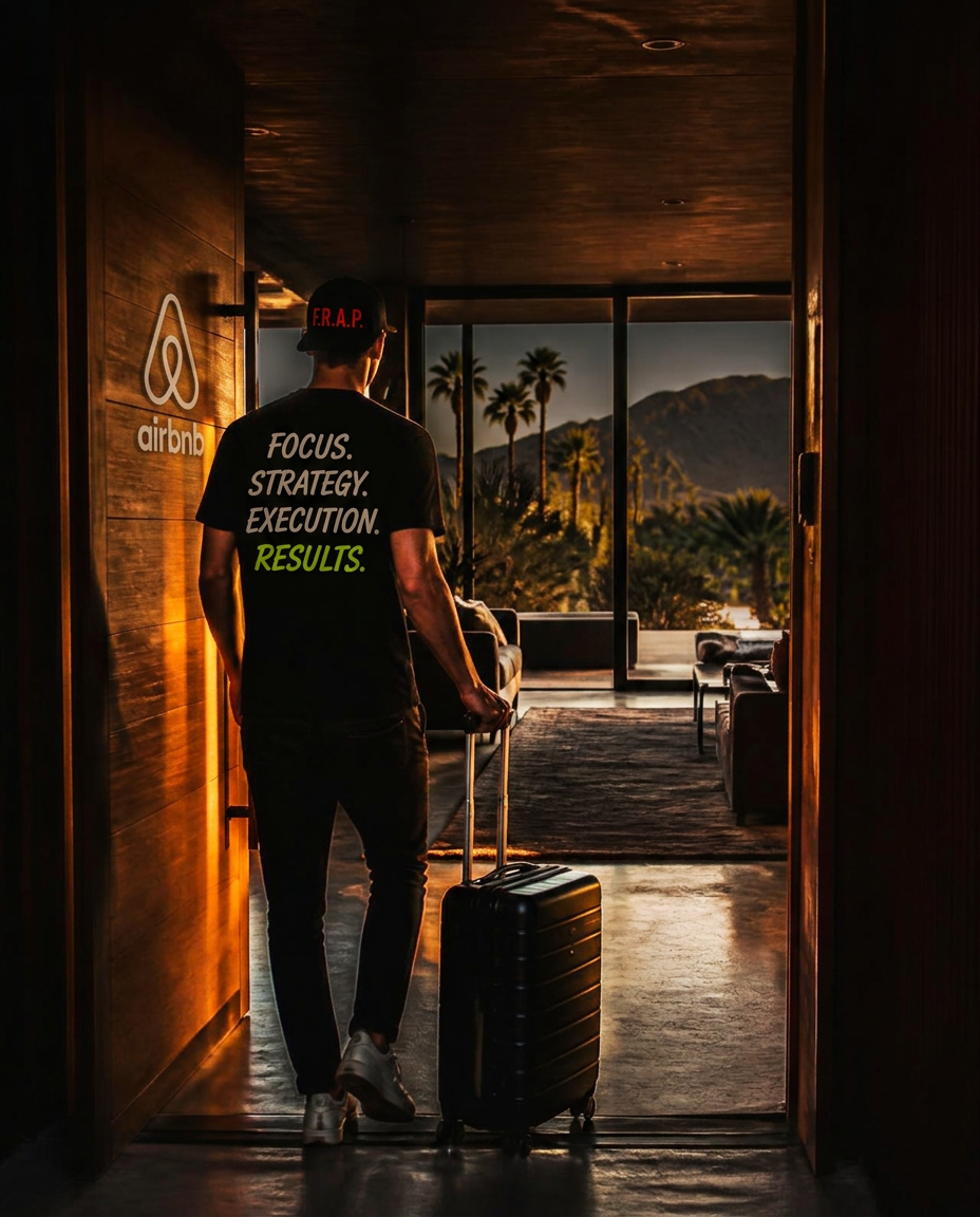 Tim Bloom walking into a Coachella Valley Airbnb with his suitcase, palm trees and desert mountains visible through the windows
