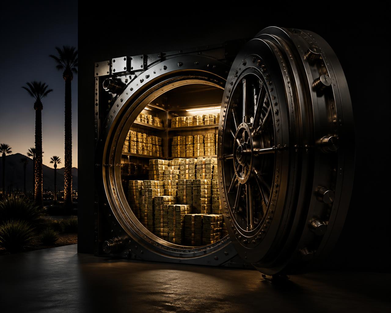 Open bank vault filled with stacks of cash against a dark desert backdrop